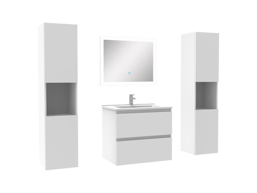 Bathroom furniture set 60cm with washbasin and 2 tall cabinets and LED mirror, White 63672PYCO