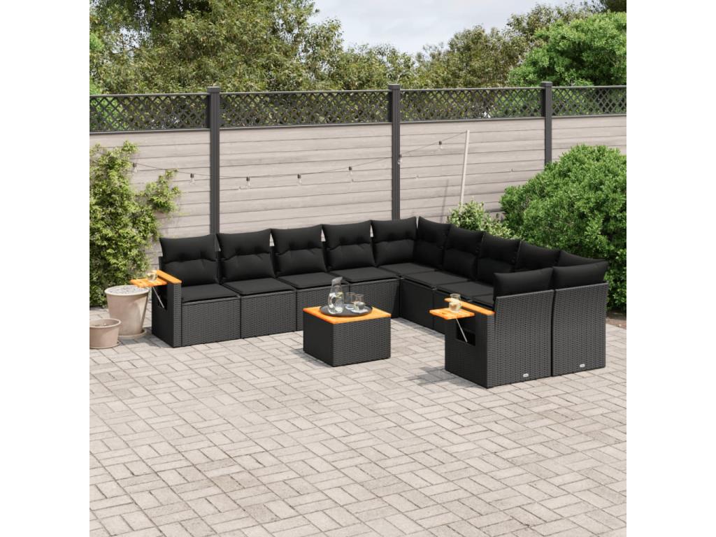 11-piece garden furniture set with cushions, black resin wicker, 85746TDEY