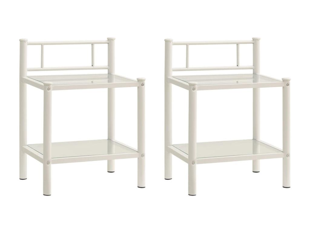 2-Piece Bedside Tables, White and Transparent, Metal and Glass, 30301MSSZ