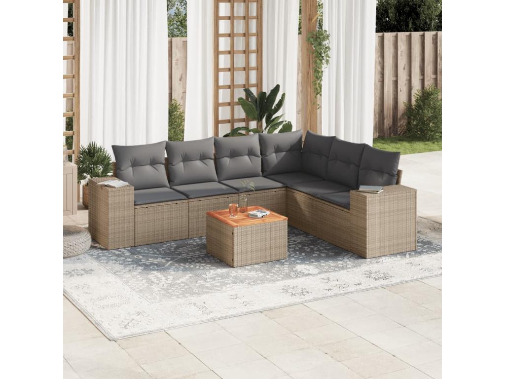 7-piece garden furniture set with cushions, beige wicker resin, 93390MCZM