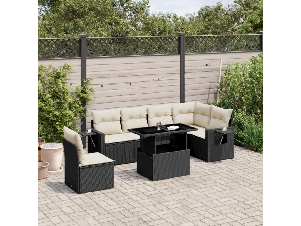 7-piece garden furniture set with cushions, black woven resin, 86346UZAX