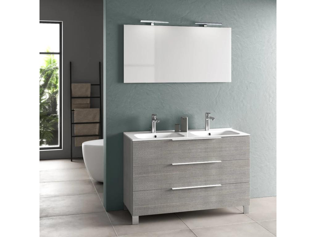 Calmetop 3-drawer grey bathroom vanity unit with double sink and LED mirror, 120cm wide, 18185LDKC