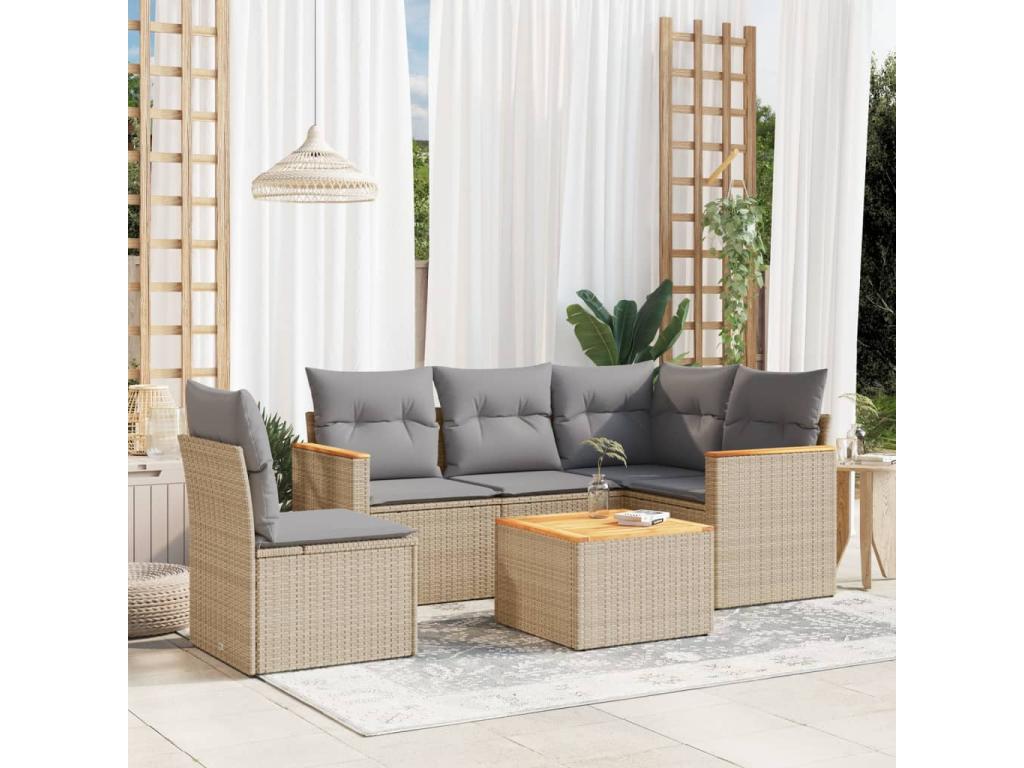 6-piece garden furniture set with cushions, beige wicker resin, 81681LRQB