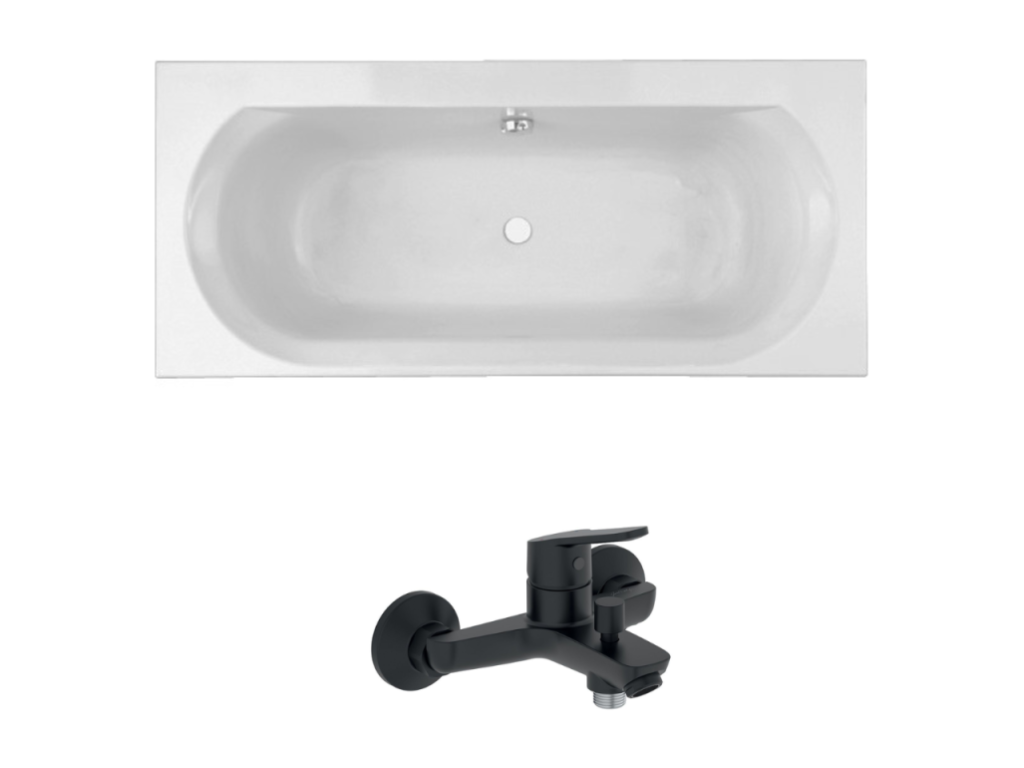 Calmetop 170x75cm right-hand bathtub pack with bath/shower mixer tap, matte black, and drain 29084CTIF