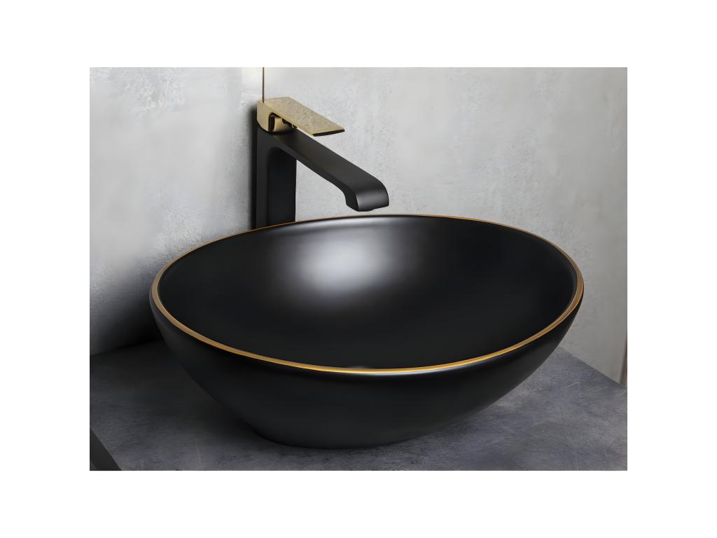 Nidchicshop oval ceramic countertop washbasin, black with gold trim, 41.5 x 33.5 cm, 32197UWHP