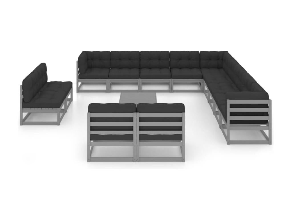14-piece garden furniture set with cushions, grey, solid pine wood, 97283LONP