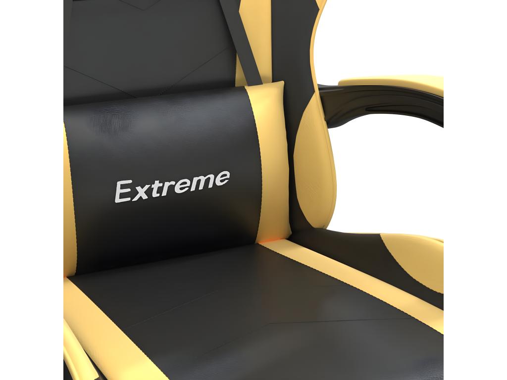 Swivel gaming chair and footrest, black and gold faux leather, 10097EMIF